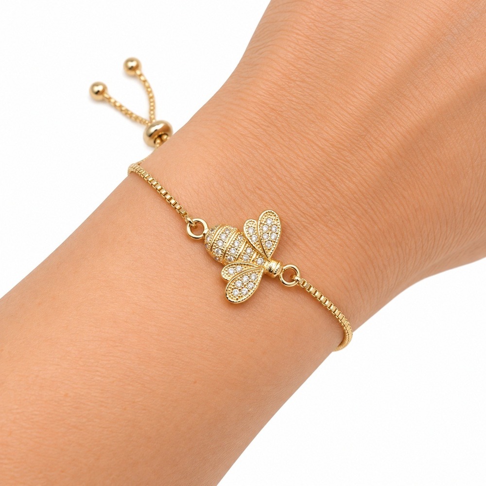 Gold Tone Bee Slider Bracelet Clear Rhinestone Bumble Bee Box Chain Adjustable